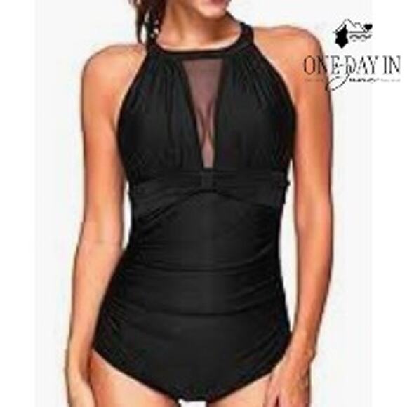 Aqua Eve Plus Size High Neck Mesh One Piece Swimsuit Size 14W - Picture 1 of 6